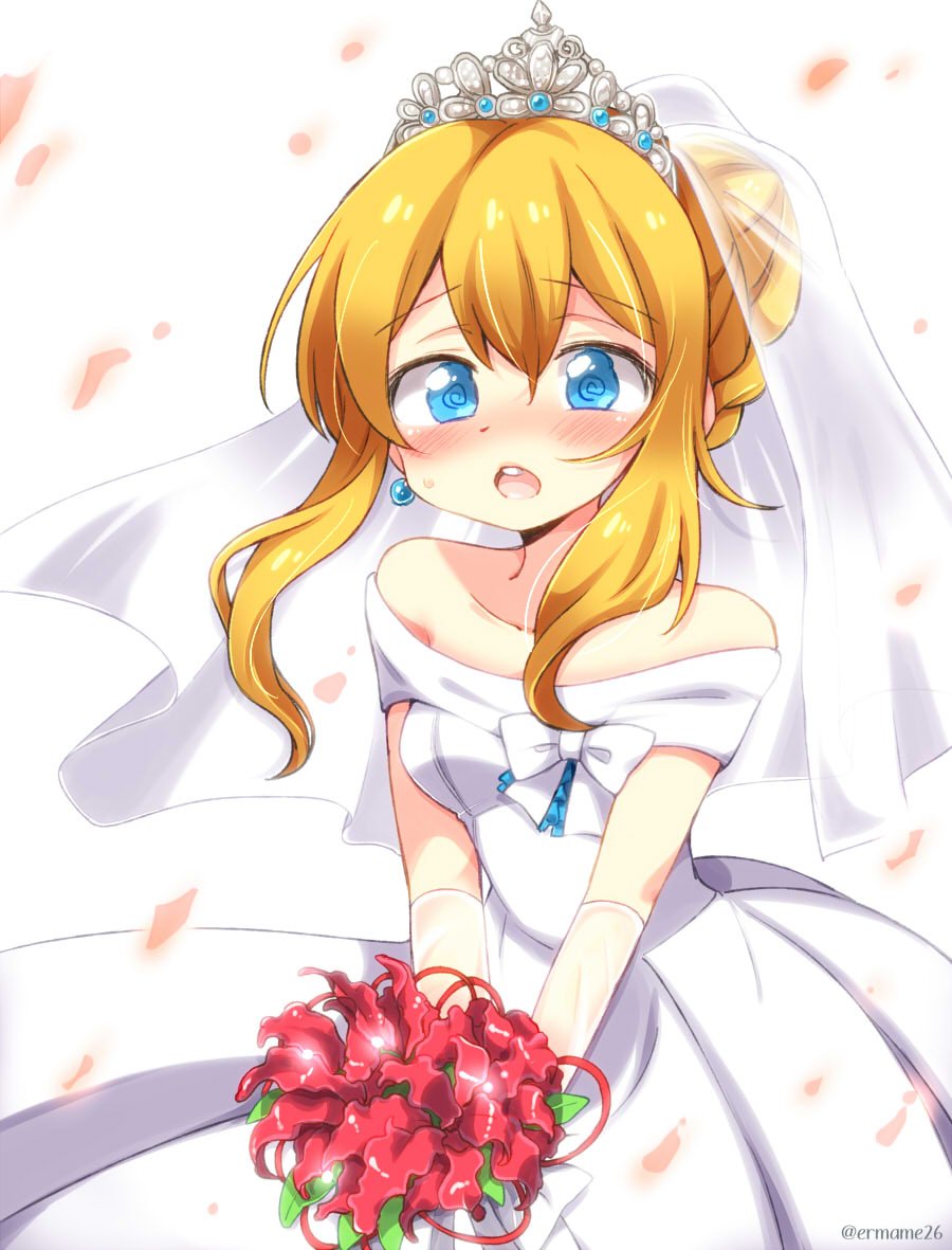 1girl :o @_@ alternate_costume azur_lane bangs bare_shoulders blonde_hair blue_eyes blush bouquet bow breasts bridal_veil collarbone dress earrings elbow_gloves eromame eyebrows eyebrows_visible_through_hair flower gloves hair_between_eyes hair_bun holding holding_bouquet jewelry leaf off_shoulder open_mouth petals renown_(azur_lane) shiny shiny_hair short_hair short_hair_with_long_locks sidelocks simple_background small_breasts solo spider_lily tareme teeth tongue twitter_username v_arms veil wavy_eyes wedding_dress white_background white_bow white_dress