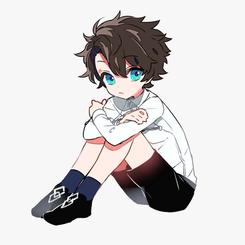 1boy black_footwear black_shorts blue_eyes blue_legwear brown_hair child closed_mouth collared_shirt eyebrows_visible_through_hair fate/grand_order fate_(series) from_side fujimaru_ritsuka_(male) full_body grey_background leg_hug legs_together long_sleeves looking_at_viewer male_focus shirt shoes shorts simple_background sitting socks solo white_shirt yosi135 younger