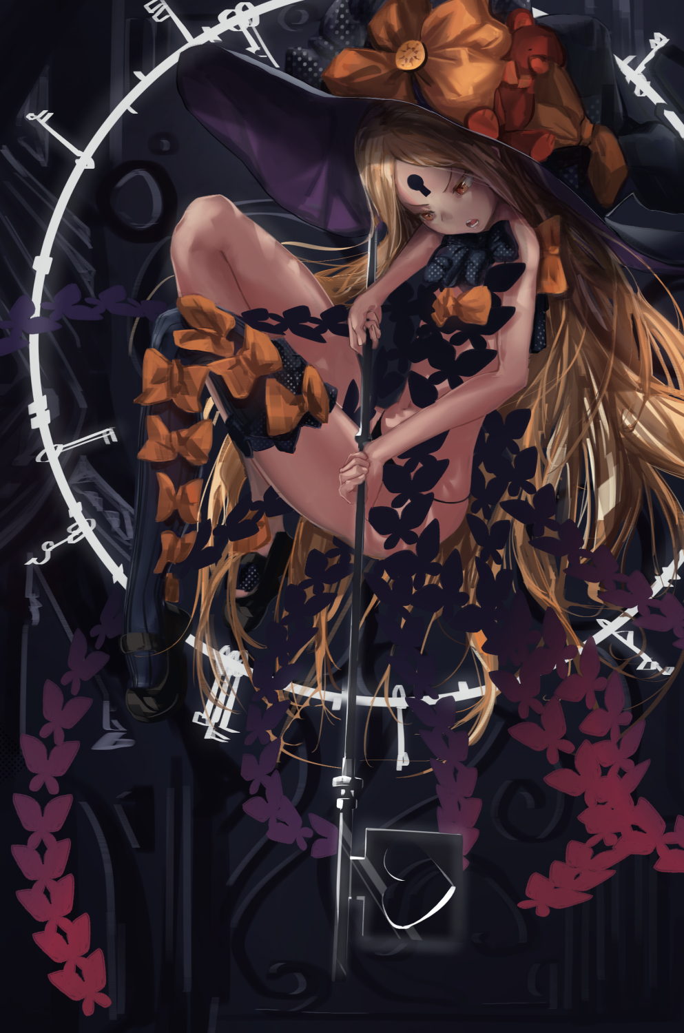 1girl abigail_williams_(fate/grand_order) asymmetrical_legwear bangs black_bow black_footwear black_hat black_legwear black_panties blonde_hair bow brown_eyes commentary_request fate/grand_order fate_(series) hat hat_bow heart highres holding holding_key key keyhole long_hair looking_down mary_janes open_mouth orange_bow oversized_object panties parted_bangs revealing_clothes sebun0217 shoes single_thighhigh solo thigh-highs topless underwear very_long_hair witch_hat