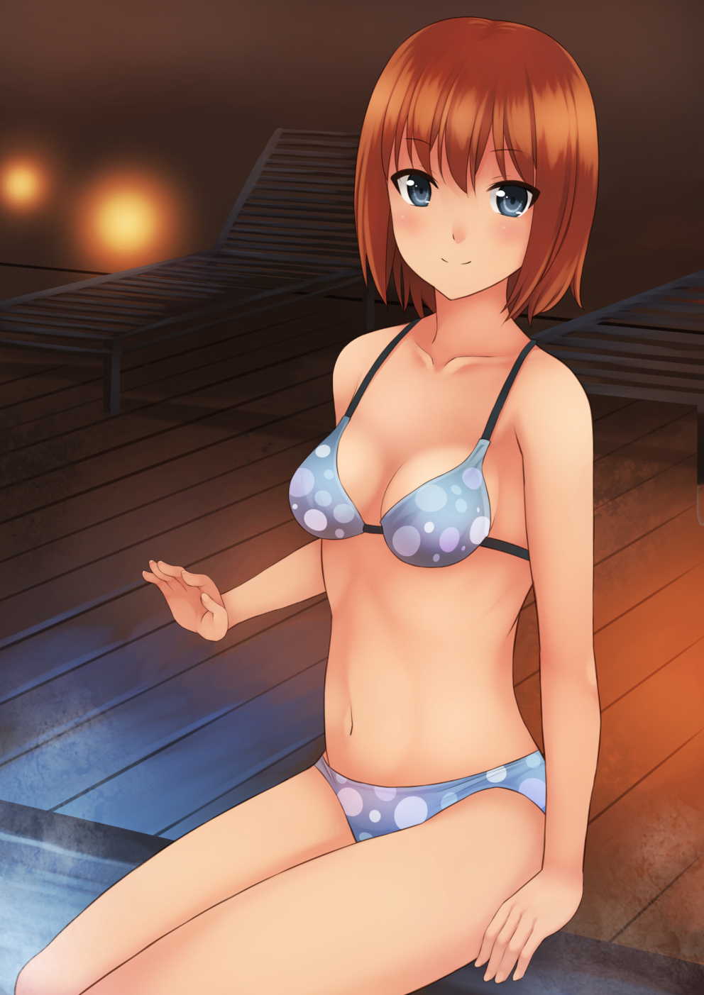 1girl akatsuki_miho akemiho_tabi_nikki bikini brown_eyes brown_hair highres kouno_hikaru looking_at_viewer onsen short_hair sitting smile solo swimsuit