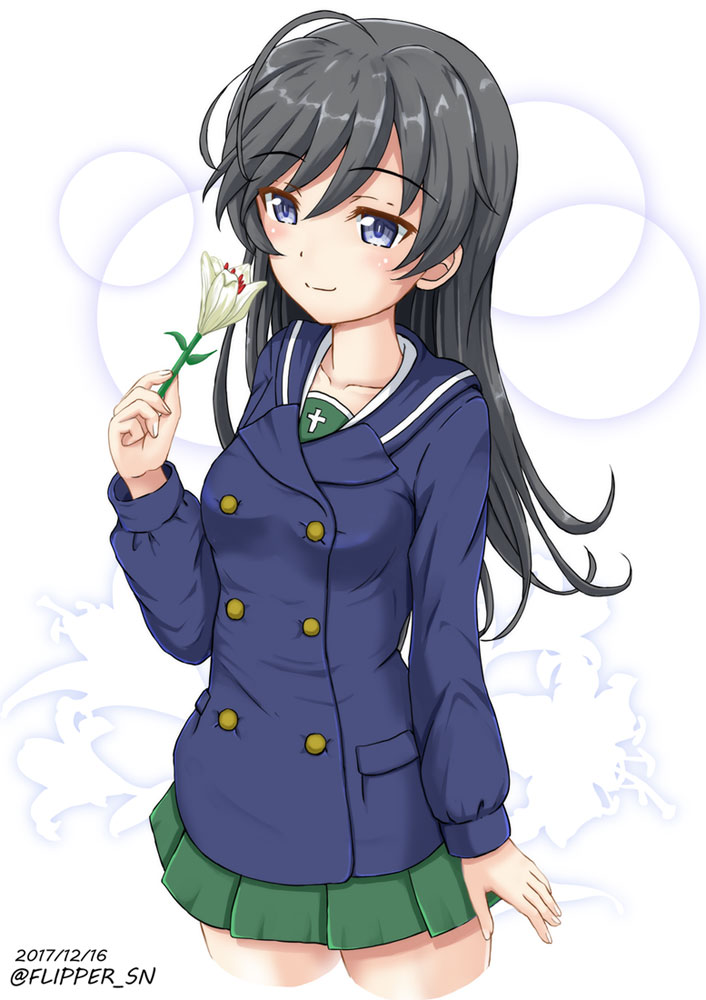 1girl ahoge arm_at_side bangs black_hair blue_eyes blue_jacket blue_skirt blush breasts bright_pupils closed_mouth collarbone cowboy_shot cropped_legs dated double-breasted eyebrows_visible_through_hair flipper floral_background flower flower_request girls_und_panzer holding holding_flower isuzu_hana jacket long_hair long_sleeves looking_at_viewer miniskirt nail_polish ooarai_school_uniform pleated_skirt school_uniform shiny shiny_hair skirt small_breasts smile solo standing tareme twitter_username white_nails