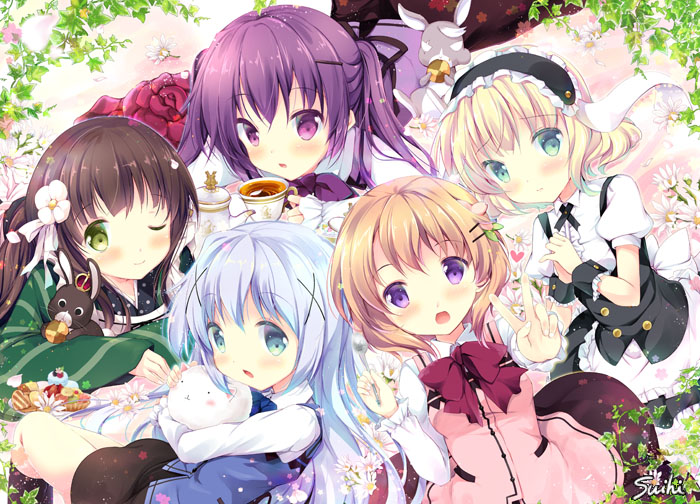 5girls :d :o ;) ama_usa_an_uniform angora_rabbit animal animal_ears anko_(gochiusa) apron aqua_eyes artist_name bangs black_skirt blonde_hair blue_eyes blue_neckwear blue_vest blunt_bangs blush bow bowtie breasts brown_hair buttons center_frills closed_mouth collared_shirt commentary_request cookie crown cup eating everyone eyebrows_visible_through_hair fake_animal_ears fleur_de_lapin_uniform floppy_ears flower food frilled_apron frilled_cuffs frilled_shirt frilled_skirt frills gochuumon_wa_usagi_desu_ka? green_eyes green_kimono hair_between_eyes hair_flower hair_ornament hairclip hands_together heart holding holding_animal hoto_cocoa japanese_clothes kafuu_chino kimono kirima_sharo light_blue_hair long_hair long_sleeves looking_at_viewer lying maid_headdress mini_crown multiple_girls official_art on_stomach one_eye_closed open_mouth orange_hair pink_vest plant polka_dot_trim puffy_short_sleeves puffy_sleeves purple_hair purple_neckwear purple_vest rabbit rabbit_ears rabbit_house_uniform red_neckwear ribbon saucer shirt short_hair short_sleeves sidelocks skirt sleeves_past_wrists small_breasts smile striped striped_kimono suihi tea teacup teapot tedeza_rize tippy_(gochiusa) twintails ujimatsu_chiya underbust v vest vines violet_eyes waist_apron white_apron white_flower white_ribbon white_shirt wide_sleeves wild_geese wing_collar wrist_cuffs x_hair_ornament