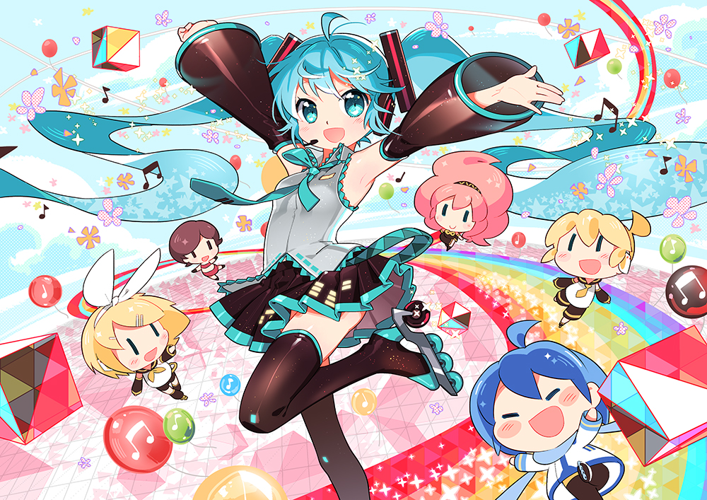 2boys 4girls aqua_eyes aqua_hair armpits arms_up black_legwear blonde_hair blue_hair blush_stickers boots brown_hair chibi detached_sleeves floating_hair hair_ornament hair_ribbon hairclip hatsune_miku headset kagamine_len kagamine_rin kaito long_hair looking_at_viewer mao_yu megurine_luka meiko multiple_boys multiple_girls necktie open_mouth pink_hair ribbon roller_skates short_hair shorts siblings skates smile thigh-highs thigh_boots twintails very_long_hair vocaloid