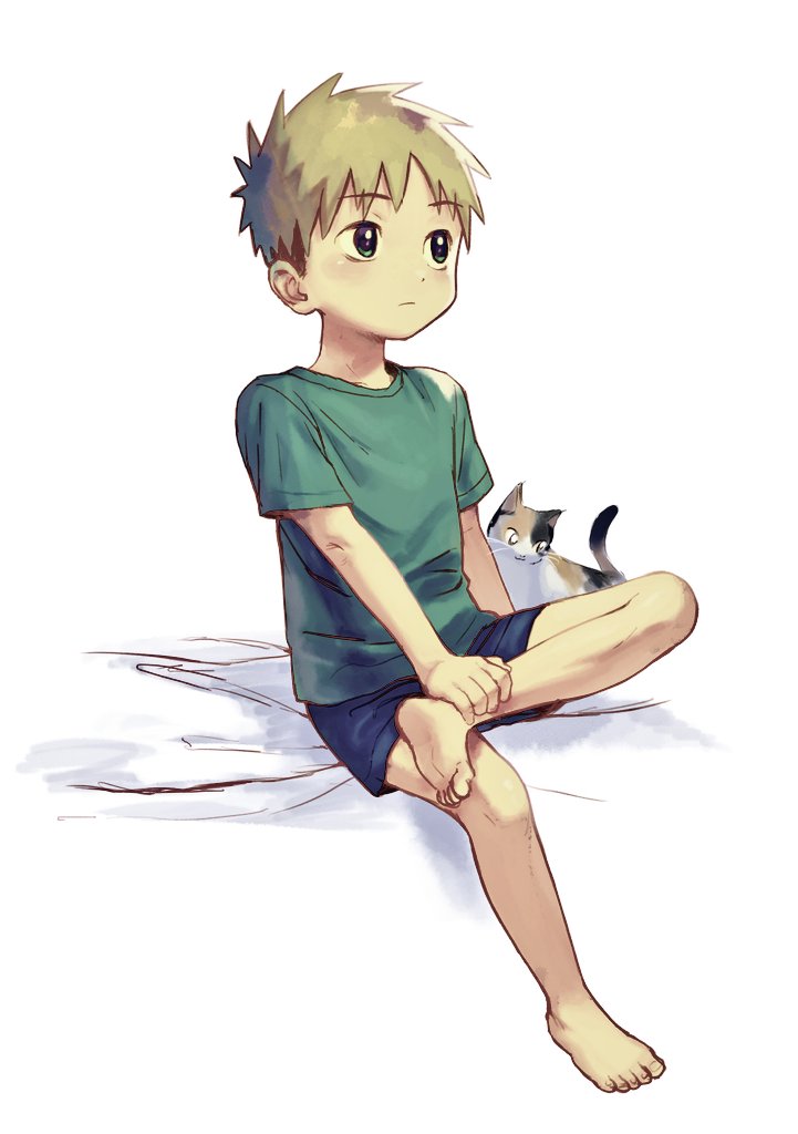 18arumik_4 1boy barefoot blonde_hair cat green_eyes green_shirt holding_own_foot looking_away male_child male_focus original shirt short_sleeves shorts simple_background sitting solo t-shirt white_background