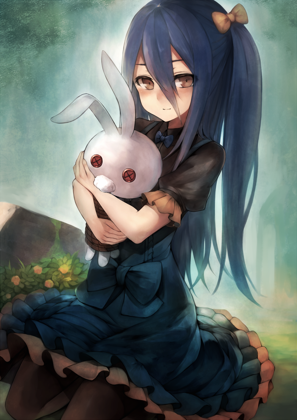 1girl bangs black_legwear black_shirt blue_hair blue_neckwear blue_skirt bow bowtie brown_eyes closed_mouth commentary_request day eyebrows_visible_through_hair hair_between_eyes hair_bow high-waist_skirt highres inaba_sunimi long_hair looking_at_viewer object_hug one_side_up orange_bow original outdoors pantyhose puffy_short_sleeves puffy_sleeves rock rope seiza shirt short_sleeves sitting skirt solo stuffed_animal stuffed_bunny stuffed_toy suspender_skirt suspenders very_long_hair