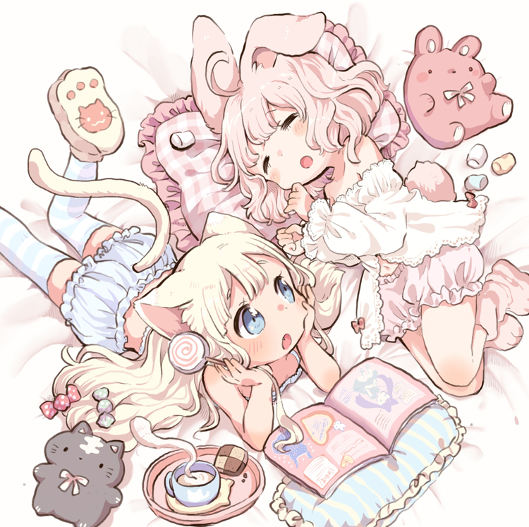 2girls ahoge animal_ears bed_sheet blonde_hair bloomers blouse book bunny_tail camisole candy cat_ears cat_tail checkerboard_cookie clenched_hands closed_eyes commentary_request cookie cup food frilled_pillow frills head_rest lollipop long_hair lying marshmallow mokarooru multiple_girls navel on_side on_stomach open_book open_mouth original paw_print_pattern pillow pink_hair rabbit_ears short_hair slippers striped striped_legwear stuffed_animal stuffed_bunny stuffed_cat stuffed_toy tail teacup thigh-highs underwear