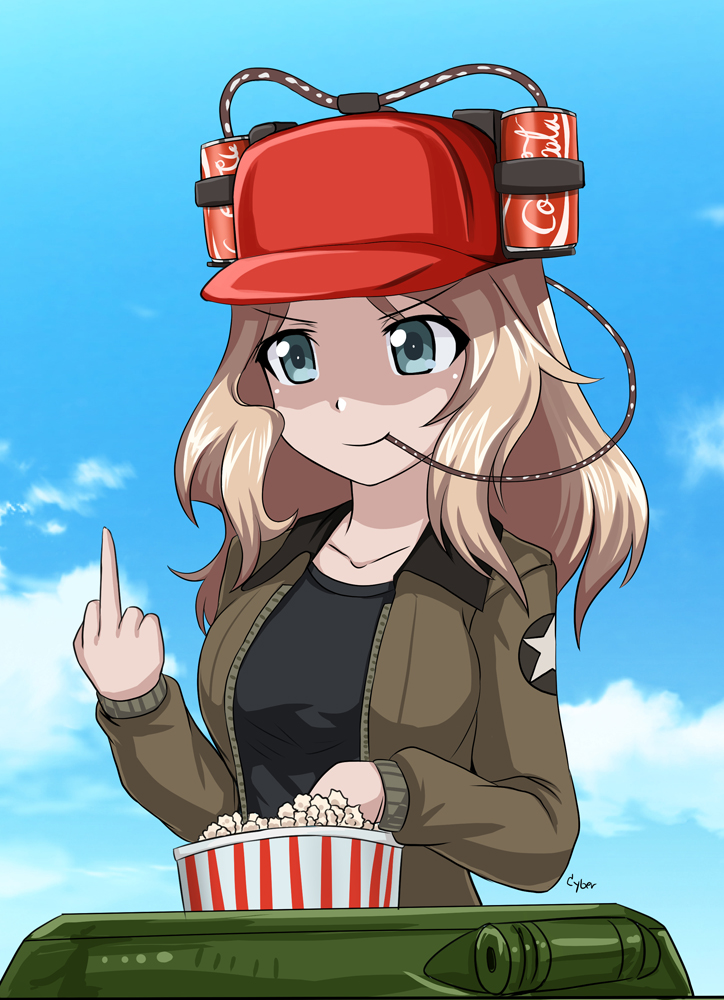 coca-cola collarbone cyber_(cyber_knight) girls_und_panzer ground_vehicle hat kay_(girls_und_panzer) middle_finger military military_uniform military_vehicle motor_vehicle saunders_military_uniform saunders_school_uniform tank uniform