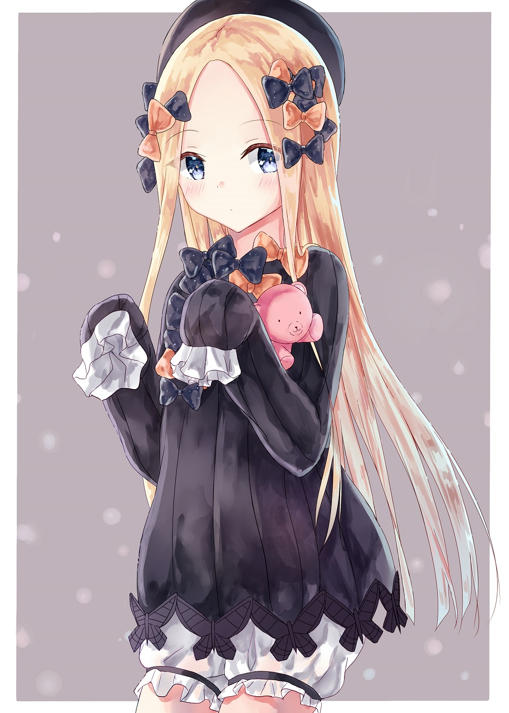 1girl abigail_williams_(fate/grand_order) akaya_(pixiv20545353) bangs black_bow black_dress black_hat blonde_hair bloomers blue_eyes blush bow butterfly closed_mouth commentary_request dress eyebrows_visible_through_hair fate/grand_order fate_(series) forehead hair_bow hat highres long_hair long_sleeves looking_at_viewer object_hug orange_bow parted_bangs polka_dot polka_dot_bow sleeves_past_wrists solo stuffed_animal stuffed_toy teddy_bear underwear very_long_hair white_bloomers white_border