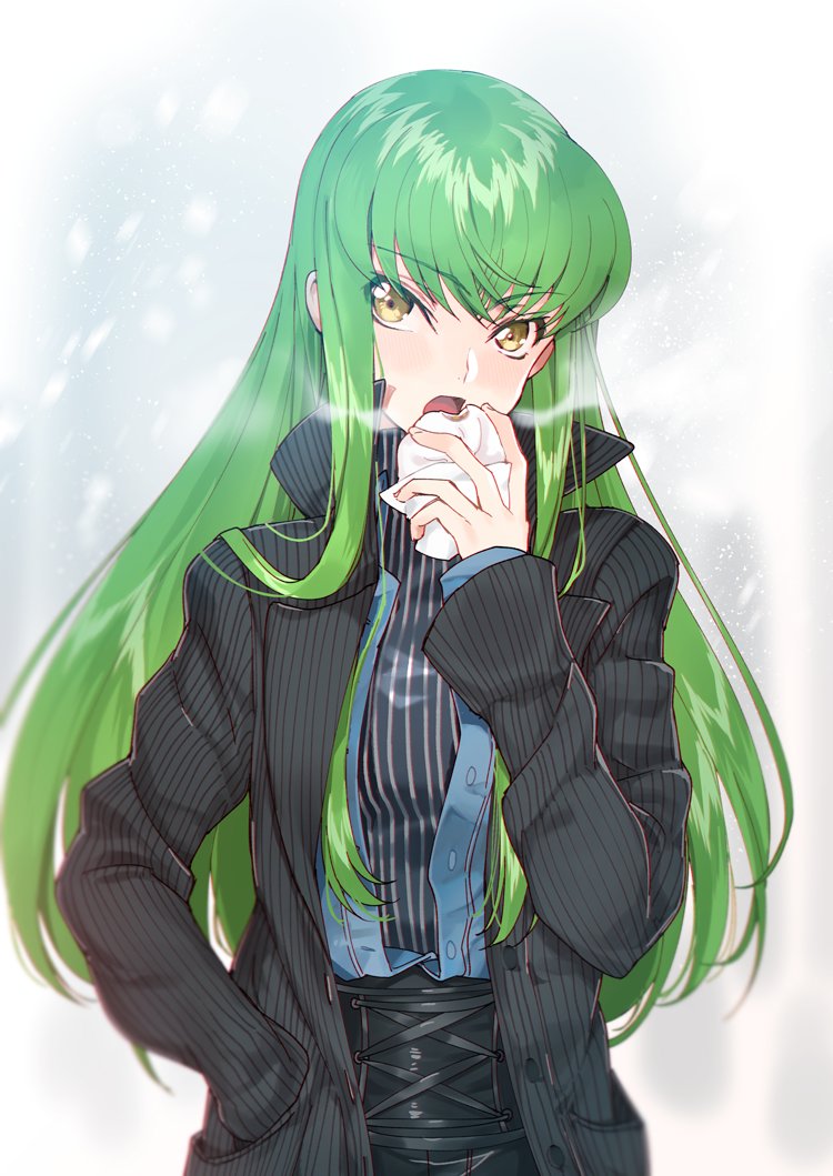 1girl bangs black_coat black_skirt blue_jacket c.c. coat code_geass commentary_request creayus eating eyebrows_visible_through_hair fingernails food green_hair hand_in_pocket holding holding_food jacket light_blush long_hair long_sleeves looking_at_viewer open_mouth skirt snowing solo standing striped striped_sweater sweater upper_body yellow_eyes