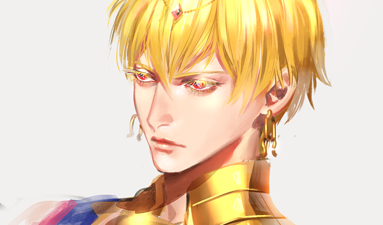 1boy armor blonde_hair closed_mouth earrings eyelashes fate/grand_order fate_(series) gem gilgamesh gilgamesh_(caster)_(fate) gold grey_background jewelry lips looking_afar male_focus portrait red_eyes simple_background solo upper_body yosi135