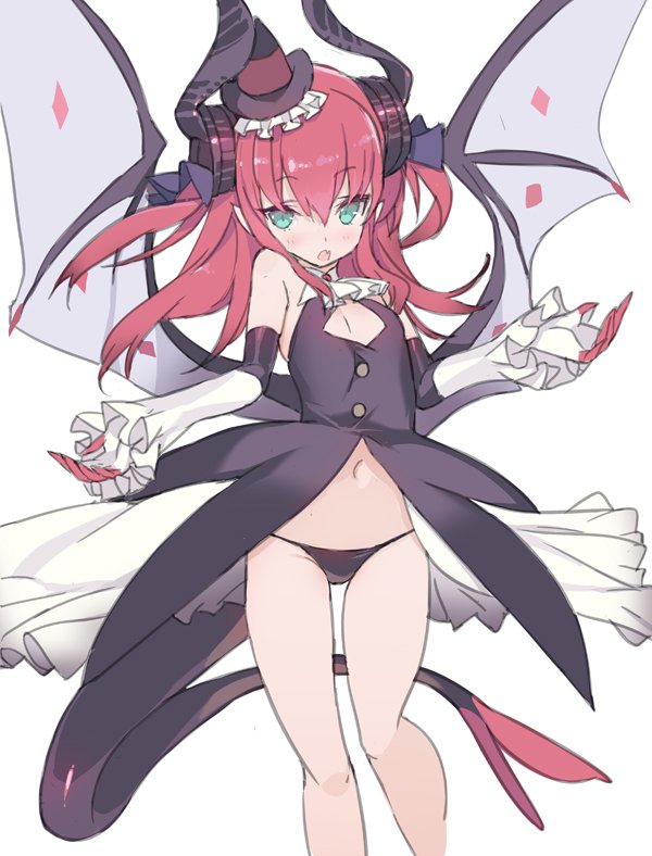 ascot bangs bare_shoulders black_dress black_hat black_panties blade_(galaxist) blush commentary_request curled_horns detached_sleeves dragon_girl dragon_horns dragon_tail dragon_wings dress elizabeth_bathory_(fate) elizabeth_bathory_(fate)_(all) eyebrows_visible_through_hair fang fate/extra fate/extra_ccc fate_(series) fingerless_gloves frills gloves green_eyes hair_between_eyes hair_ribbon hat horns long_hair long_sleeves looking_at_viewer mini_hat navel panties parted_lips purple_ribbon redhead ribbon simple_background tail two_side_up underwear white_background white_gloves white_neckwear wings witch_hat