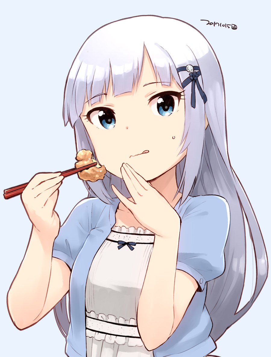 1girl bangs blue_background blue_eyes blue_jacket blue_ribbon blunt_bangs chopsticks closed_mouth collarbone dated dot_nose dress eyebrows_visible_through_hair food food_request frilled_dress frills hair_ribbon hand_on_own_face holding_chopsticks idolmaster idolmaster_million_live! jacket long_hair looking_at_viewer nagian puffy_short_sleeves puffy_sleeves ribbon ribbon-trimmed_dress shiraishi_tsumugi short_sleeves sidelocks silver_hair simple_background solo sweatdrop tongue tongue_out tsurime upper_body wavy_mouth white_dress
