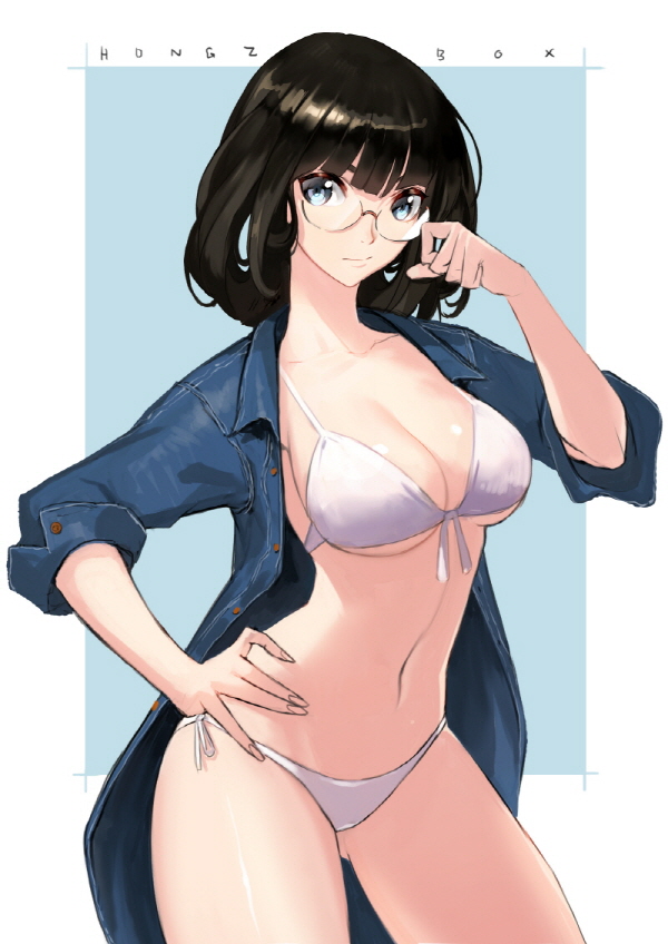 1girl bikini black_hair blue_eyes breasts glasses hong_soon-jae navel original short_hair solo swimsuit white_bikini white_swimsuit