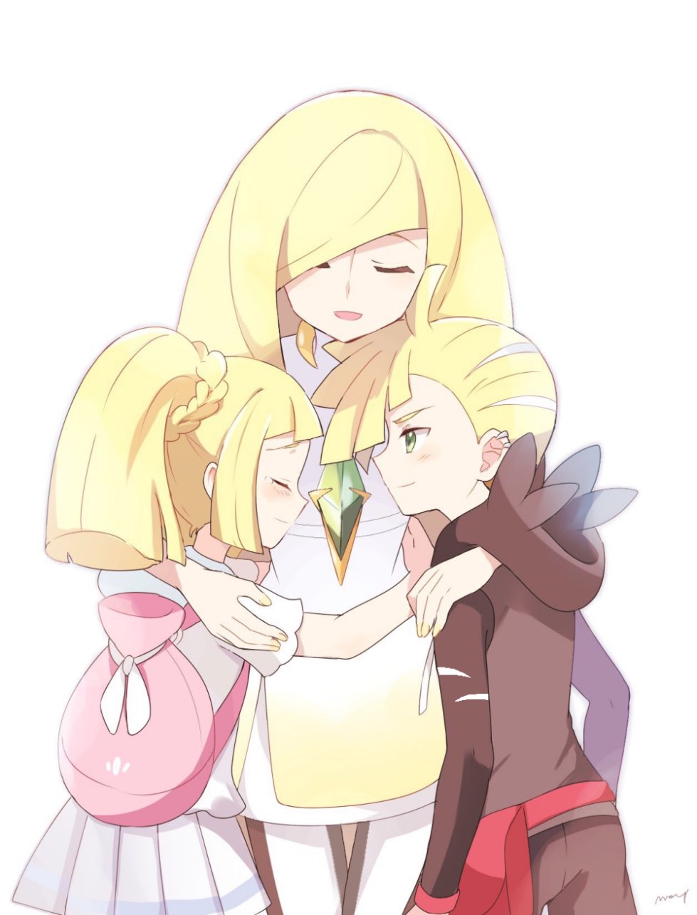 1boy 2girls aether_foundation backpack bag blonde_hair brother_and_sister closed_eyes dress gladio_(pokemon) green_eyes highres hood hoodie hug lillie_(pokemon) long_hair long_sleeves lusamine_(pokemon) mei_(maysroom) mother_and_daughter mother_and_son multiple_girls npc npc_trainer open_mouth pokemon pokemon_(anime) pokemon_(game) pokemon_sm pokemon_sm_(anime) ponytail rival_(pokemon) shirt short_dress short_hair short_sleeves siblings simple_background skirt tearing_up torn_clothes white_background white_shirt white_skirt