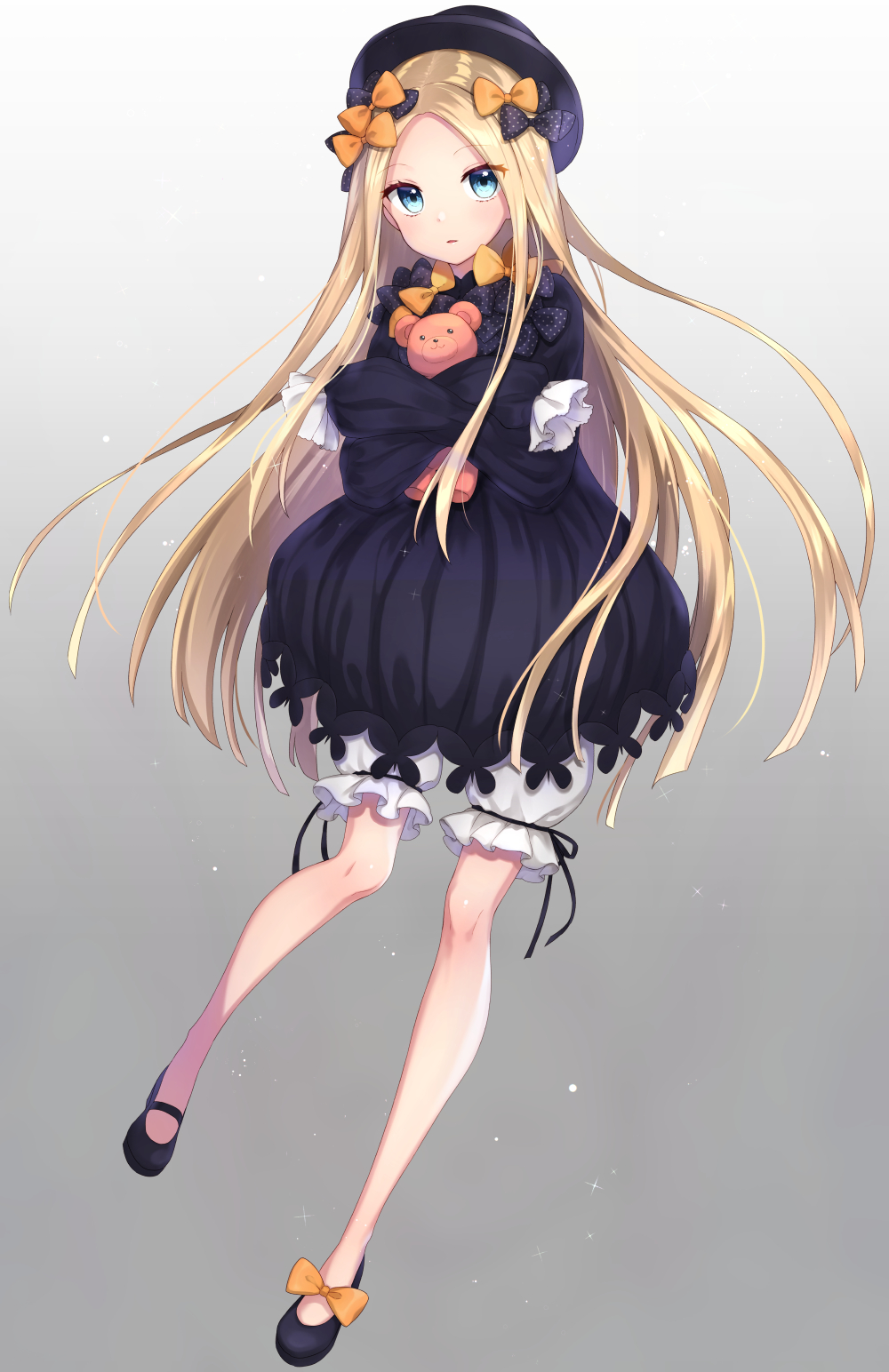 1girl abigail_williams_(fate/grand_order) akariko_(akaringo) bangs black_bow black_dress black_footwear black_hat blonde_hair bloomers blue_eyes bow butterfly commentary_request dress fate/grand_order fate_(series) full_body hair_bow hat highres long_sleeves looking_at_viewer mary_janes object_hug orange_bow parted_bangs polka_dot polka_dot_bow shoes sleeves_past_wrists solo stuffed_animal stuffed_toy teddy_bear underwear white_bloomers