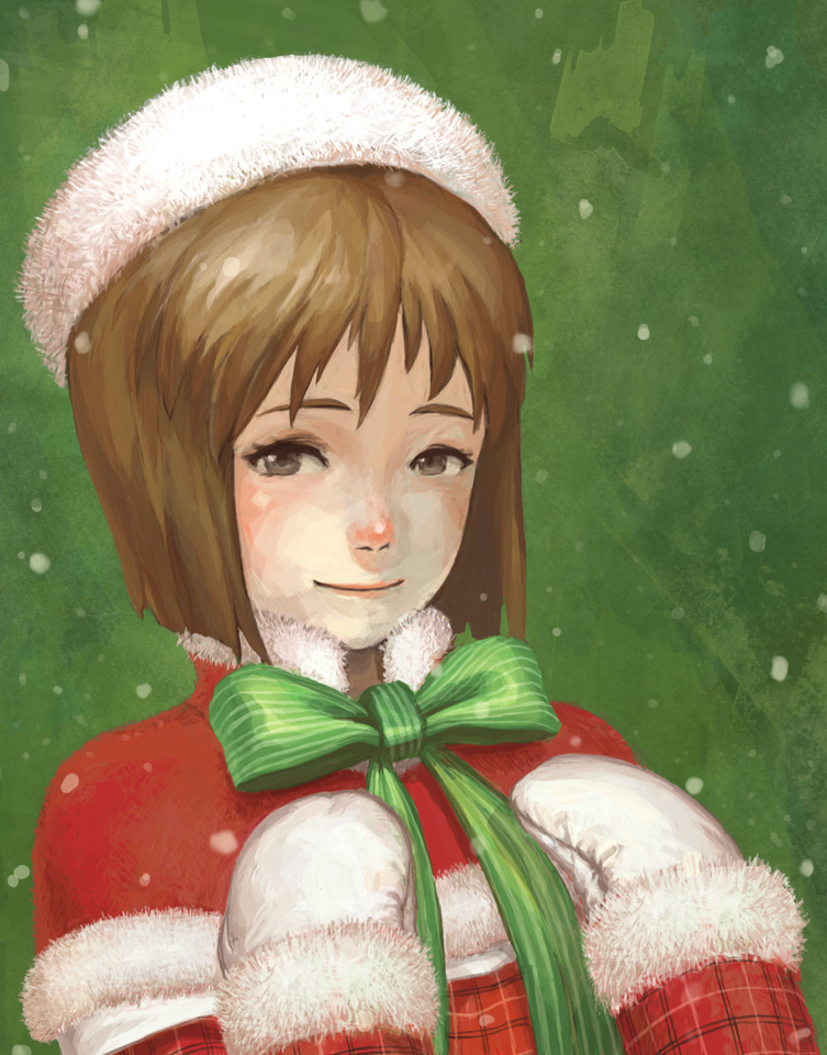 1girl arata_yokoyama bangs brown_hair closed_mouth commentary_request fur_hat fur_trim green_background green_neckwear green_ribbon hagiwara_yukiho hat idolmaster lips long_sleeves mittens neck_ribbon pink_lips red_capelet ribbon santa_costume short_hair smile snowing solo upper_body