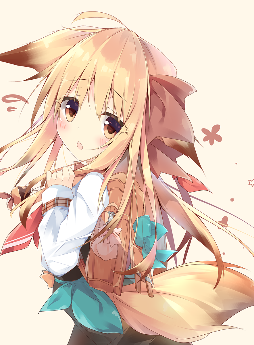1girl animal_ears backpack bag bangs beige_background black_dress blonde_hair blue_bow blue_ribbon blush bow brown_eyes brown_hair brown_ribbon commentary_request dress ears_down eyebrows_visible_through_hair flying_sweatdrops fox_ears fox_girl fox_tail gradient_hair hair_between_eyes hair_ribbon head_tilt highres kushida_you long_hair long_sleeves looking_at_viewer looking_to_the_side multicolored_hair original parted_lips ribbon shirt sleeves_past_wrists solo tail very_long_hair white_shirt