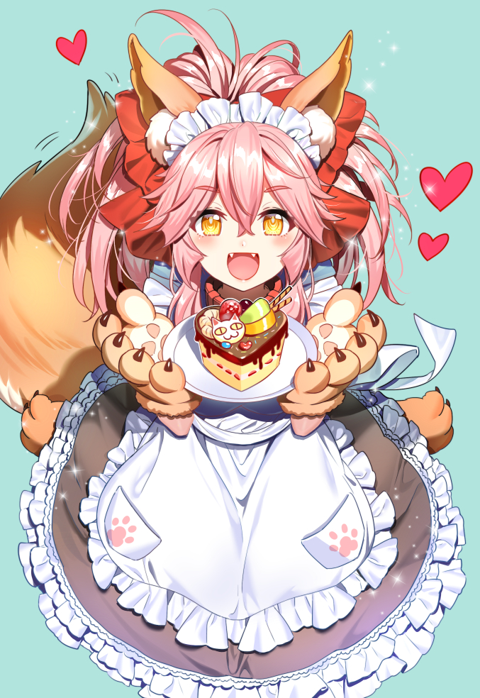 1girl :d animal_ears apron aqua_background blush cake eyebrows_visible_through_hair fate/grand_order fate_(series) food fox_ears fox_tail from_above gloves happy heart long_hair looking_at_viewer maid maid_headdress majiang open_mouth paw_gloves paws pink_hair simple_background smile solo tail tamamo_(fate)_(all) tamamo_cat_(fate) yellow_eyes