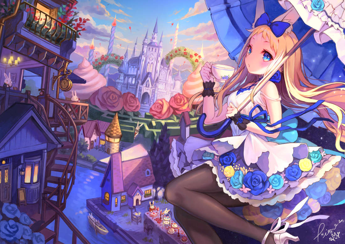 1girl animal animal_ears bangs bare_shoulders black_legwear blonde_hair blue_bow blue_eyes blue_ribbon blue_sky blush boat bow canal castle chair clock closed_mouth clothed_animal clouds cloudy_sky commentary_request cup day dress fantasy fire flower frilled_umbrella frills hair_bow high_heels holding holding_cup holding_umbrella house long_hair looking_at_viewer maze original outdoors pantyhose pierorabu pink_rose purple_skirt rabbit red_flower ribbon rose sign signature skirt sky sleeveless sleeveless_dress solo stairs stone_stairs strap_slip table tower umbrella very_long_hair water watercraft white_dress white_footwear white_umbrella wrist_cuffs yellow_rose