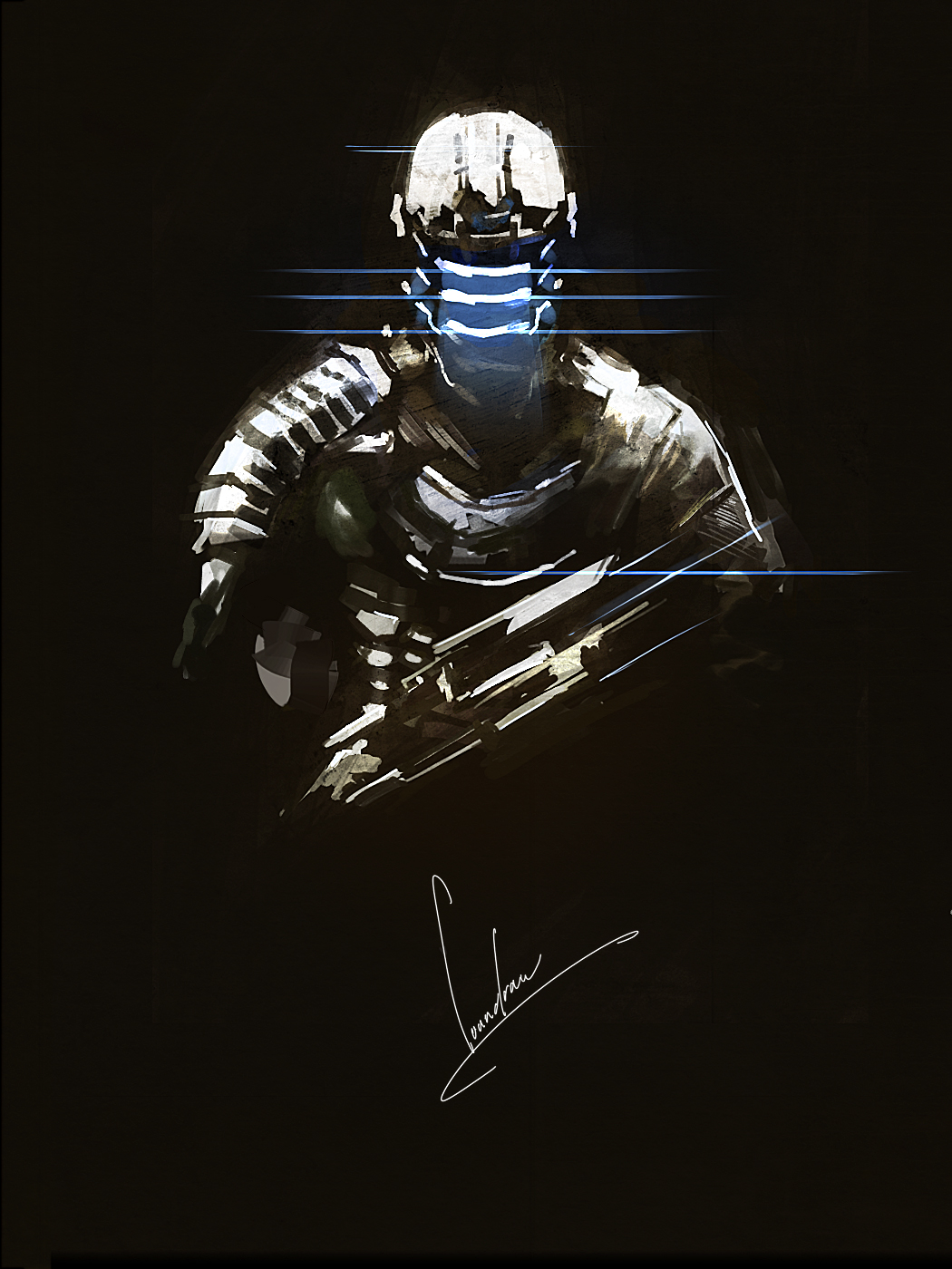 1boy armor black_background commentary_request dead_space facing_viewer full_armor gun helmet highres holding holding_gun holding_weapon isaac_clarke limited_palette loundraw male_focus signature simple_background solo weapon