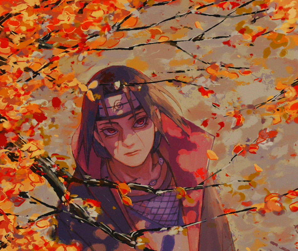 1boy akatsuki_(naruto) akatsuki_uniform autumn autumn_leaves black_hair forehead_protector jewelry leaf male_focus naruto necklace red_eyes sharingan solo subuta_(butabutasubuta) uchiha_itachi