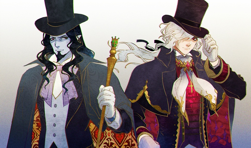 2boys beard black_hair blue_skin chongning count_of_monte_cristo crossover edmond_dantes_(fate/grand_order) facial_hair fate/grand_order fate_(series) gankutsuou gloves gradient gradient_background hat long_hair male_focus multiple_boys namesake pointy_ears red_eyes scepter simple_background top_hat white_gloves