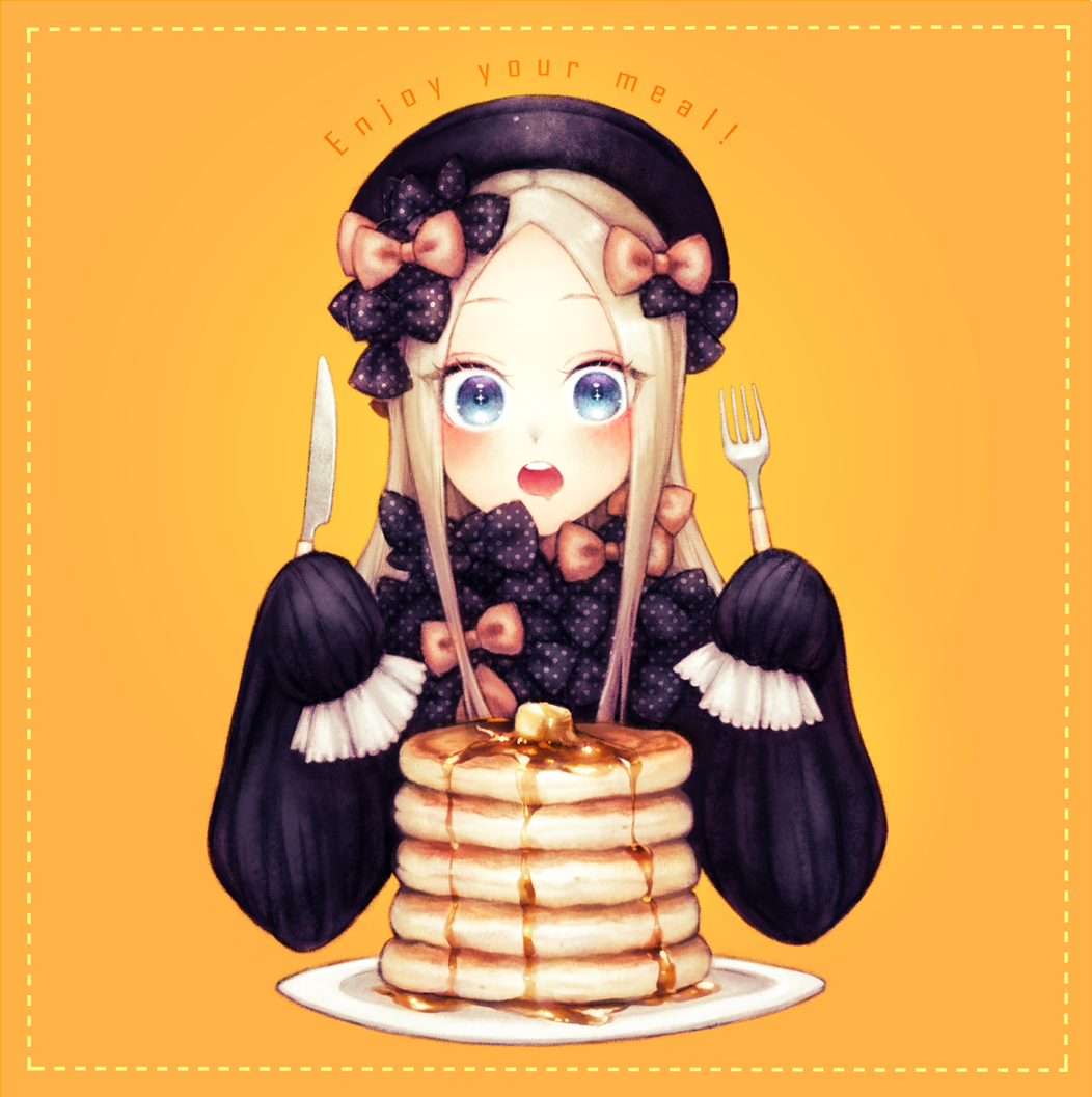 1girl abigail_williams_(fate/grand_order) bangs black_bow black_dress black_hat blonde_hair blue_eyes blush bow butter butterfly commentary_request dress drooling english fate/grand_order fate_(series) food forehead fork hair_bow hands_up hat holding holding_fork holding_knife knife long_hair long_sleeves looking_at_viewer object_hug ohagi_(ymnky) open_mouth orange_bow pancake parted_bangs plate polka_dot polka_dot_bow sleeves_past_wrists solo stack_of_pancakes stuffed_animal stuffed_toy syrup teddy_bear upper_teeth yellow_background