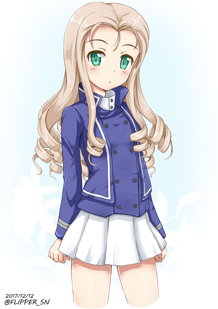 1girl :o arms_at_sides artist_name bc_freedom_military_uniform blonde_hair blue_background blue_jacket blush bright_pupils cowboy_shot cropped_legs dated double-breasted drill_hair flipper forehead girls_und_panzer gradient gradient_background green_eyes jacket legs_apart long_hair long_sleeves looking_at_viewer marie_(girls_und_panzer) military military_uniform miniskirt open_clothes open_jacket parted_lips pleated_skirt sidelocks skirt solo standing tareme thighs twitter_username uniform white_skirt