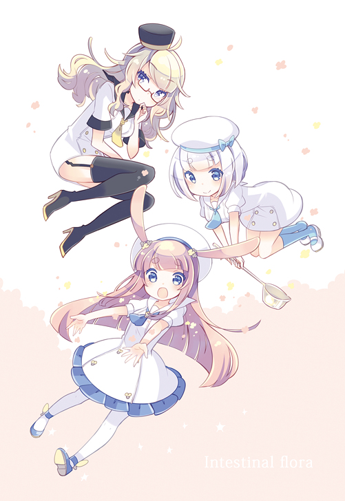 3girls :o animal_ears aruya_(flosrota) bifidobacterium blonde_hair blue_eyes breasts brown_hair c.butyricum dress glasses hat high_heels kneehighs lactocbacillus ladle lilligant long_hair looking_at_viewer multiple_girls necktie original outstretched_arms personification rabbit_ears sailor_dress sailor_hat short_hair smile sundress thigh-highs thinking white_background white_dress white_hair