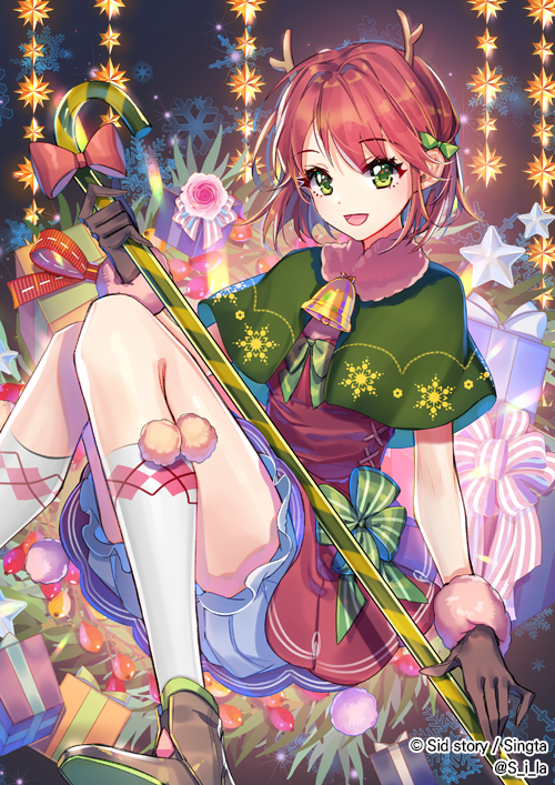 1girl bell box brown_gloves brown_hair christmas copyright_name flower gift gift_box gloves green_eyes green_ribbon hair_ribbon horns interitio official_art open_mouth ribbon rod sid_story sitting smile snowflakes solo star