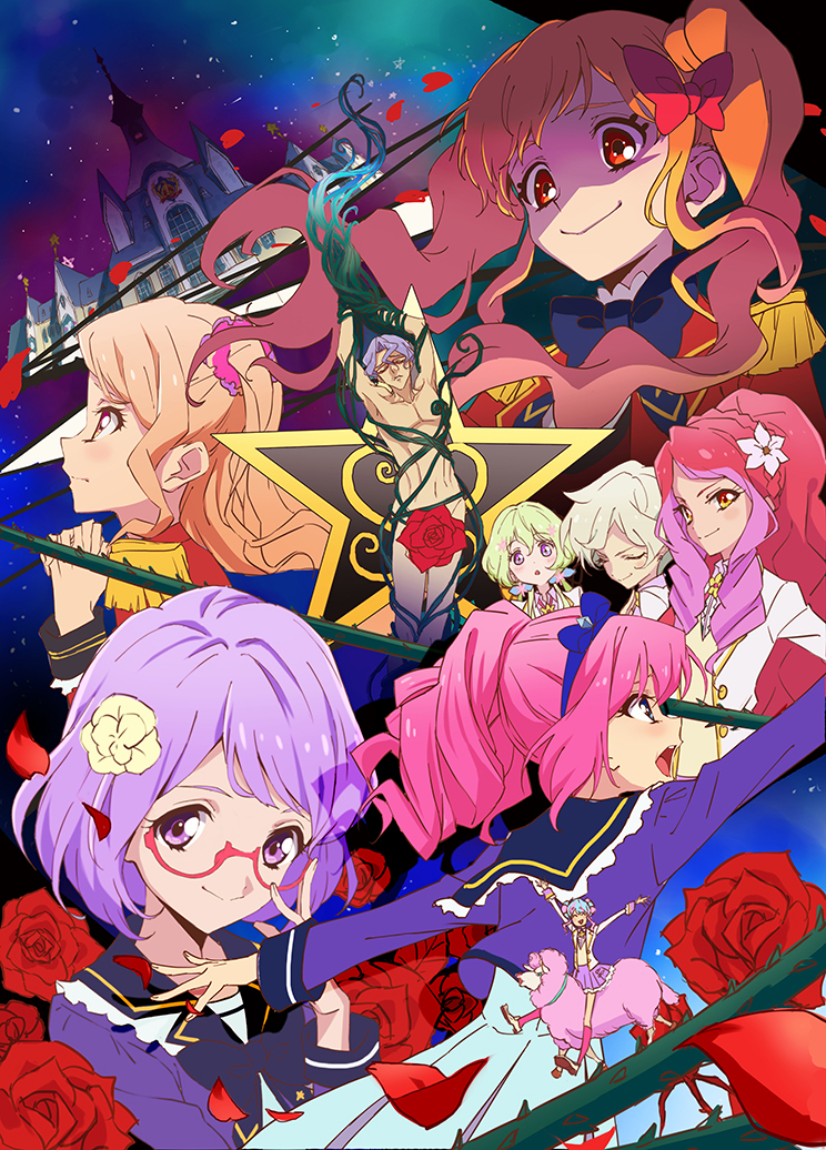 1boy 6+girls aikatsu! aikatsu_stars! bikini blonde_hair bow caroline_(aikatsu!) elza_forte evil_smile floral_print flower futaba_aria hair_bow hair_flower hair_ornament hanazono_kirara kasumi_mahiru kizaki_rei long_hair moroboshi_hikaru multiple_girls nanakura_koharu nijino_yume pink-framed_eyewear pink_hair plant ponytail red_bikini redhead ripod rose sakuraba_rola saotome_ako school_uniform shaded_face sheep shirtless smile swimsuit twintails uniform vines violet_eyes