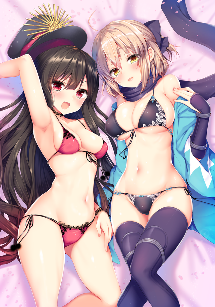 2girls :d ahoge arm_up armpits ayuma_sayu bikini black_bikini black_hair black_legwear blush breasts choker demon_archer eyebrows_visible_through_hair fate/grand_order fate_(series) front-tie_bikini front-tie_top gluteal_fold gradient_hair hair_between_eyes haori hat japanese_clothes large_breasts light_brown_hair long_hair medium_breasts multicolored_hair multiple_girls navel off_shoulder okita_souji_(fate) open_mouth red_bikini red_eyes scarf short_hair side-tie_bikini smile swimsuit thigh-highs two-tone_hair very_long_hair wristband yellow_eyes