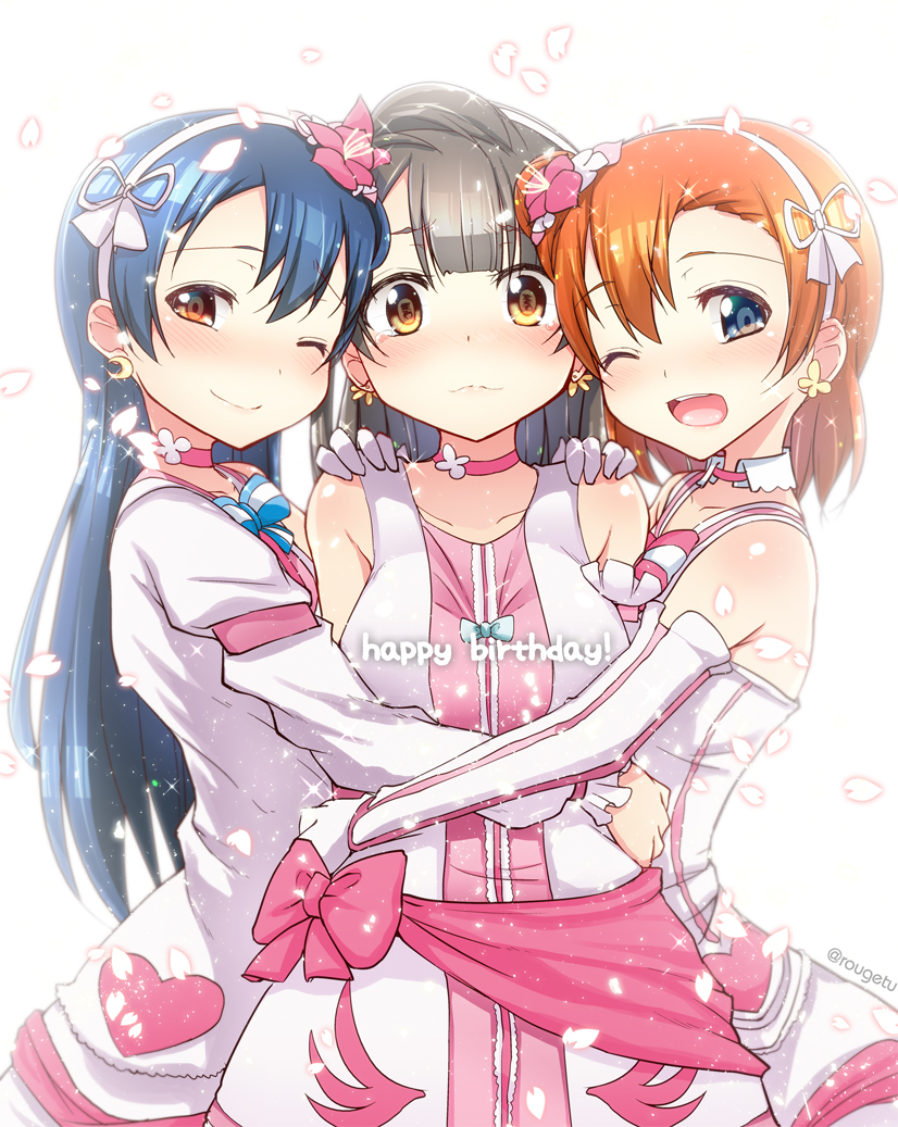 3girls bangs birthday blue_eyes blue_hair blush bokutachi_wa_hitotsu_no_hikari cherry_blossoms choker closed_mouth collarbone commentary_request cowboy_shot dress elbow_gloves flower gloves grey_hair hair_between_eyes hair_flower hair_ornament hand_on_another's_hip hand_on_another's_shoulder happy_birthday hug jewelry kousaka_honoka long_hair looking_at_viewer love_live! love_live!_school_idol_project minami_kotori multiple_girls one_eye_closed one_side_up open_mouth orange_hair rougetsu_(eclipse) sandwiched simple_background smile sonoda_umi yellow_eyes