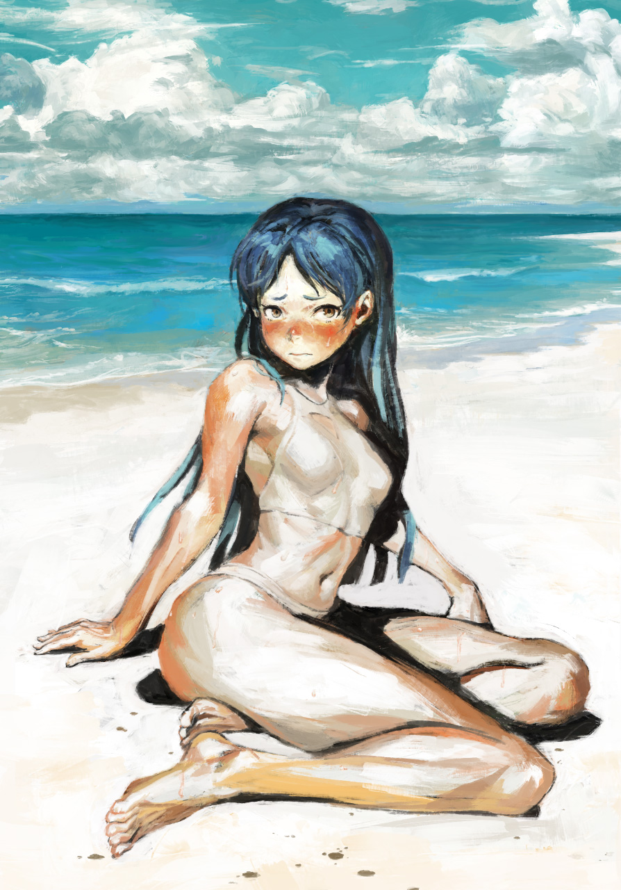 1girl arata_yokoyama bare_arms bare_legs bare_shoulders barefoot bikini blue_hair blue_sky blush breasts brown_eyes closed_mouth clouds cloudy_sky commentary_request highres horizon idolmaster kisaragi_chihaya long_hair looking_at_viewer navel ocean sand sitting sky small_breasts solo sweat swimsuit traditional_media white_bikini