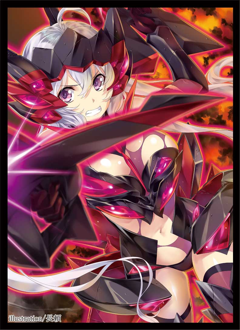 1girl ahoge angry armor artist_name bare_shoulders black_border bodysuit border bow_(weapon) bracer breasts broken_armor clenched_teeth crossbow dual_wielding fire firing headgear ignite_module long_hair nagayori navel senki_zesshou_symphogear teeth torn_bodysuit torn_clothes violet_eyes weapon white_hair yukine_chris