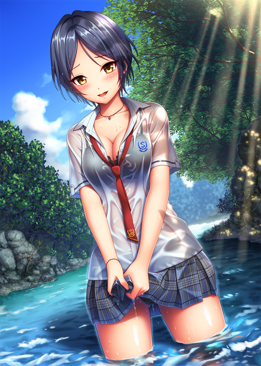 1girl bangs black_bra black_hair blush bra breasts dutch_angle hayami_kanade highres idolmaster idolmaster_cinderella_girls jewelry light_rays looking_at_viewer medium_breasts nazu-na necklace necktie nervous_smile open_mouth parted_bangs plaid plaid_skirt river school_uniform see-through short_hair skirt solo tree underwear wading wet wet_clothes yellow_eyes