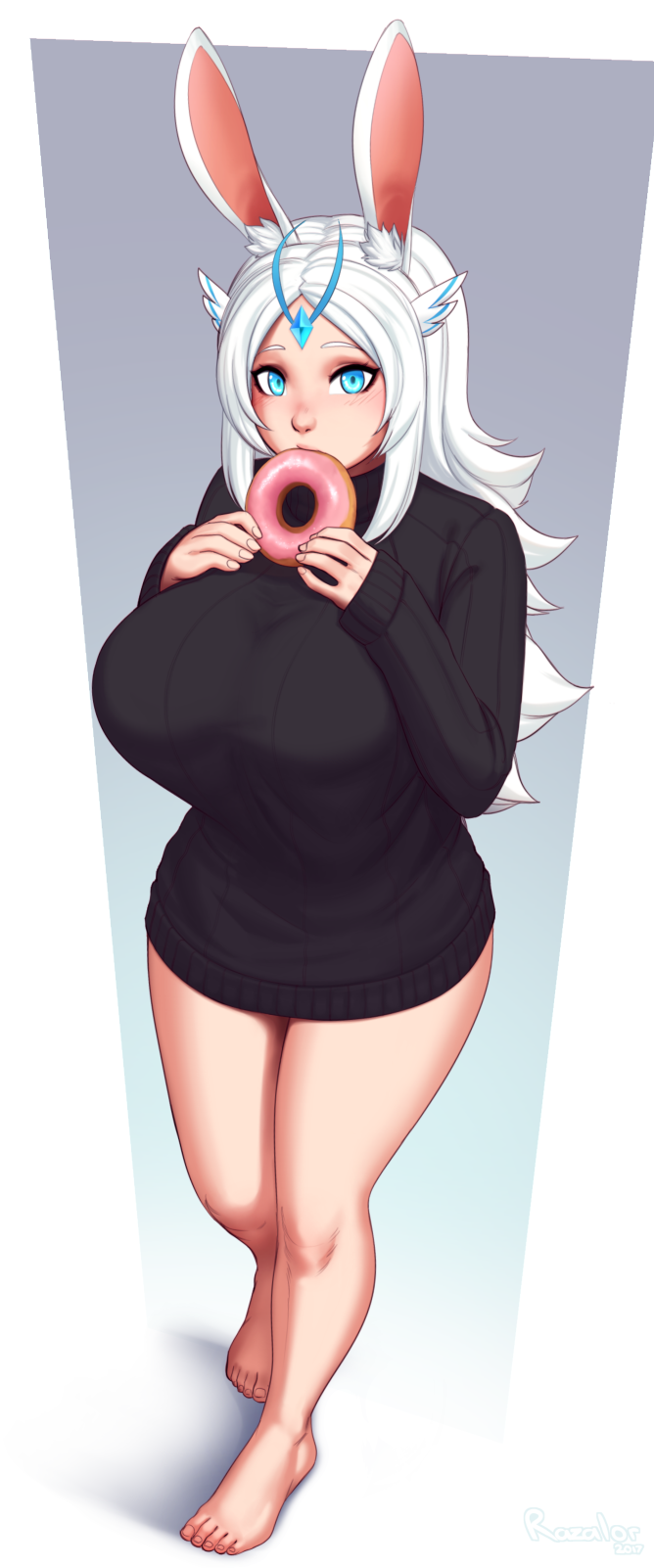 1girl animal_ears bangs barefoot black_sweater blue_eyes blush borrowed_character breasts doughnut food food_in_mouth forehead_jewel full_body head_wings highres huge_breasts long_hair looking_at_viewer naked_sweater no_pants original parted_bangs rabbit_ears razalor ribbed_sweater solo sponty sweater toes white_hair