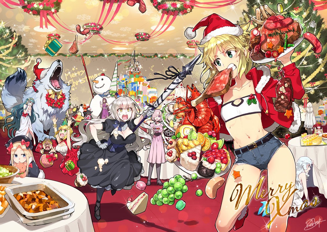 6+girls abigail_williams_(fate/grand_order) altera_(fate) arjuna_(fate/grand_order) artemis_(fate/grand_order) artoria_pendragon_(all) blonde_hair boned_meat braid cake caladbolg chacha_(fate/grand_order) christmas christmas_tree cleopatra_(fate/grand_order) denim denim_shorts fate/grand_order fate_(series) flagpole food fruit gae_bolg gift grapes hat hessian_(fate/grand_order) ibaraki_douji_(fate/grand_order) jack_the_ripper_(fate/apocrypha) jeanne_d'arc_(alter)_(fate) jeanne_d'arc_(fate)_(all) jeanne_d'arc_alter_santa_lily julius_caesar_(fate/grand_order) karna_(fate) lobo_(fate/grand_order) lobster macaron mash_kyrielight meat merry_christmas mordred_(fate) mordred_(fate)_(all) multiple_girls nero_claudius_(fate)_(all) nursery_rhyme_(fate/extra) orion_(fate/grand_order) paul_bunyan_(fate/grand_order) ponytail rama_(fate/grand_order) redrop saber sandwich santa_alter santa_hat scathach_(fate/grand_order) shorts snowman strapless table tubetop white_hair