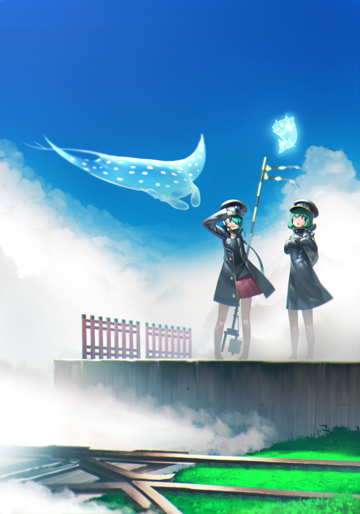 2girls bare_arms barefoot blue_sky character_request coat commentary_request fantasy fog grass green_eyes green_hair hair_over_one_eye harau hat keifuku-san keifuku_(tatsuki) long_hair long_sleeves looking_at_another manta_ray multiple_girls peaked_cap pigeon-toed pleated_skirt railing red_skirt short_hair skirt sky standing