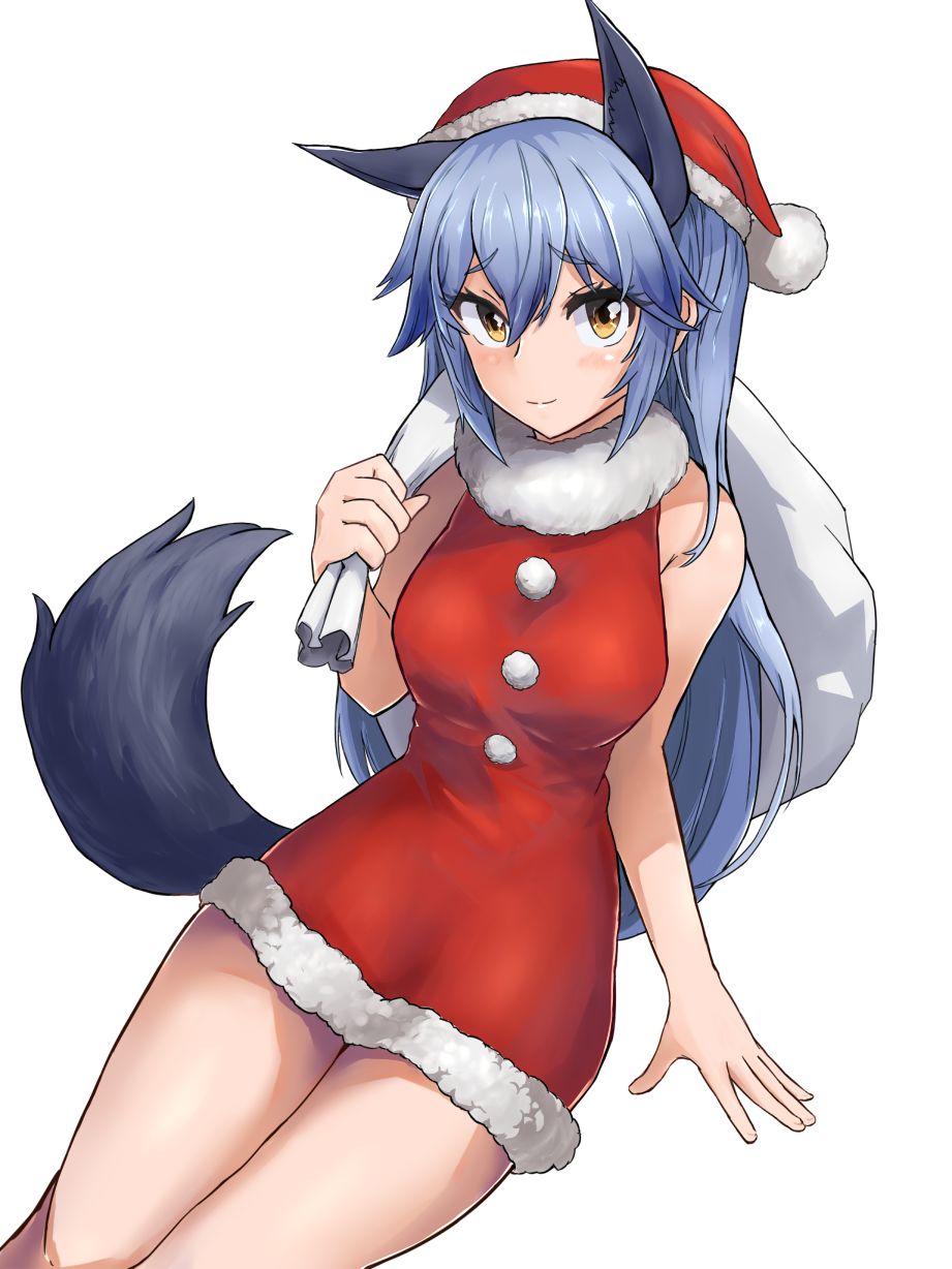 1girl animal_ears blue_hair blush brown_eyes fox_ears fox_tail fur_trim hair_between_eyes hat highres kemono_friends looking_at_viewer niceratus_kiotensis sack santa_costume santa_hat silver_fox_(kemono_friends) sleeveless smile solo tail white_background