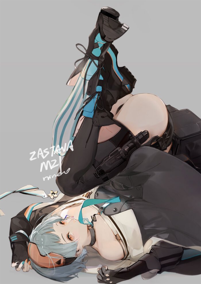 artist_name ass asymmetrical_legwear bangs bare_shoulders bent_knees black_gloves blue_hair blue_ribbon boots buckle character_name choker coat collarbone cross-laced_footwear crossed_ankles earrings elbow_gloves eyewear_on_head fingerless_gloves girls_frontline gloves goggles goggles_on_head grey_background jewelry knife knife_holster lace-up_boots legs_up long_sleeves looking_at_viewer lying mouth_hold nail_polish nineo off_shoulder on_back orange_eyes orange_goggles panties pantyshot ribbon ribbon_in_mouth short_hair signature simple_background single_earring striped striped_legwear thigh-highs thigh_strap thighs underwear zas_m21_(girls_frontline)