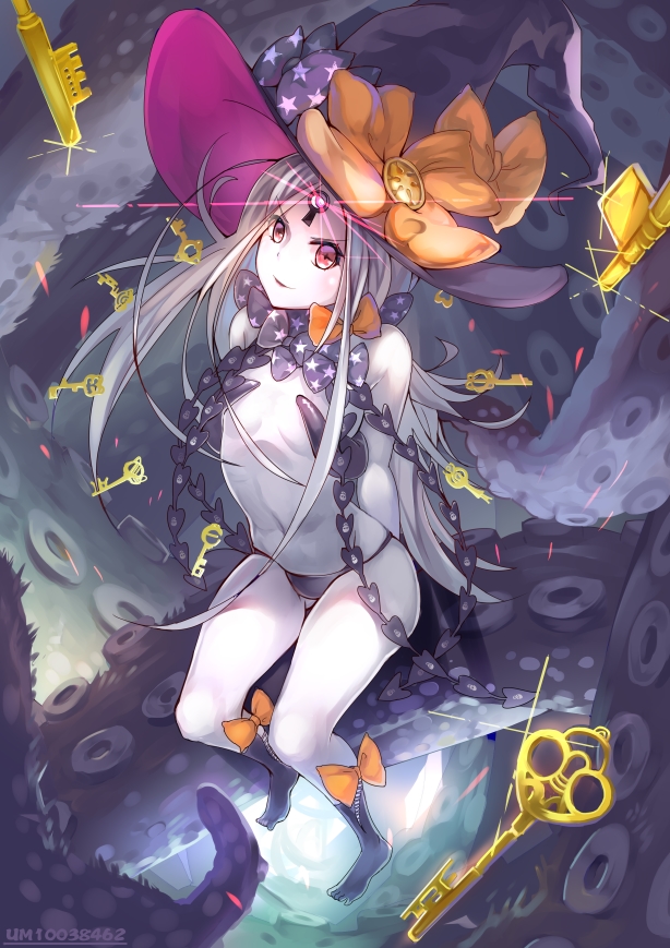1girl abigail_williams_(fate/grand_order) black_bow black_hat black_panties bow fate/grand_order fate_(series) from_above grey_hair hat hat_bow key long_hair looking_at_viewer looking_up navel orange_bow pale_skin panties pink_eyes print_bow revealing_clothes sitting smile solo star star_print tentacle underwear witch_hat yusan