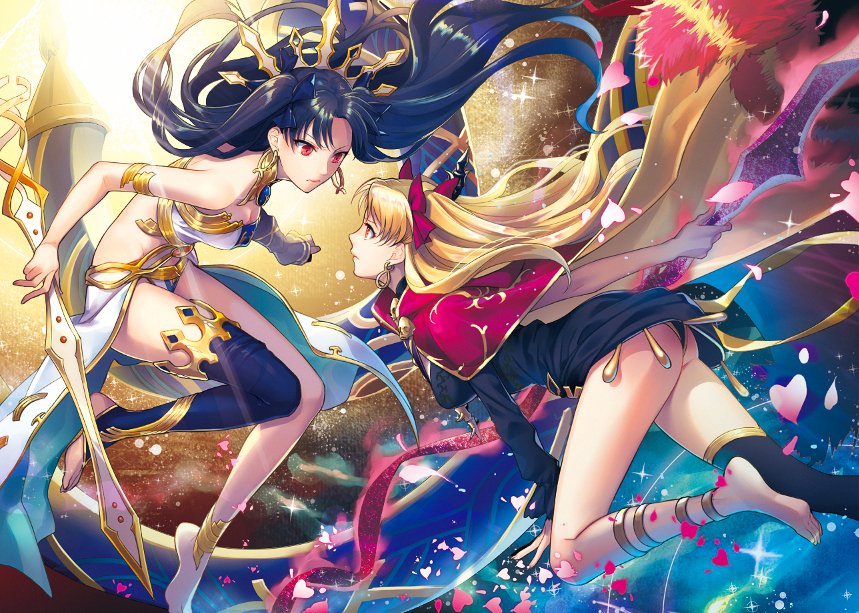 2girls amg_(nwmnmllf) anklet arm_belt bare_shoulders barefoot black_hair black_panties blonde_hair bow cape closed_mouth commentary_request crown earrings ereshkigal_(fate/grand_order) eye_contact fate/grand_order fate_(series) floating floating_hair hair_bow heavenly_boat_maanna holding holding_sword holding_weapon ishtar_(fate/grand_order) jewelry long_hair looking_at_another multiple_girls panties red_eyes single_thighhigh sky space star_(sky) starry_sky sword thigh-highs tohsaka_rin two_side_up underwear weapon