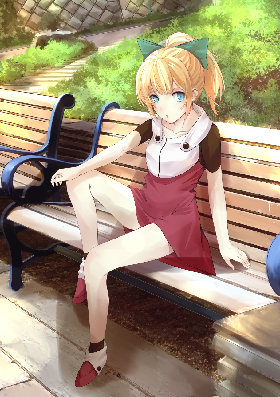 1girl :o bangs bare_arms bench black_footwear blue_eyes blunt_bangs bow breasts collarbone commentary_request day dress fime full_body green_bow hair_bow highres hooded_dress long_hair looking_at_viewer open_mouth outdoors ponytail red_dress red_footwear rockman_11 roll shoes short_sleeves sidelocks sitting small_breasts socks solo thighs