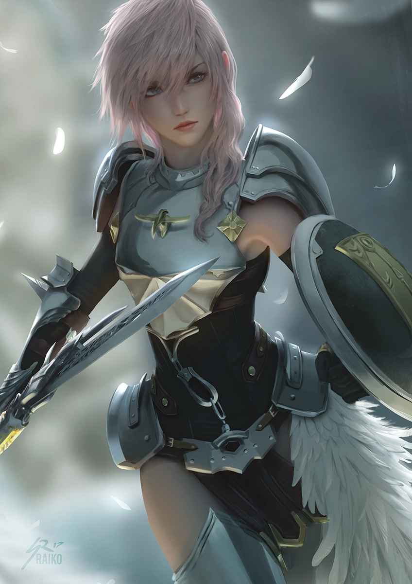 1girl alternate_costume armor breastplate feather_skirt final_fantasy final_fantasy_xiii final_fantasy_xiii-2 gunblade highres leotard lightning_farron looking_at_viewer medium_hair pelvic_curtain pink_hair raikoart serious shield solo sword weapon