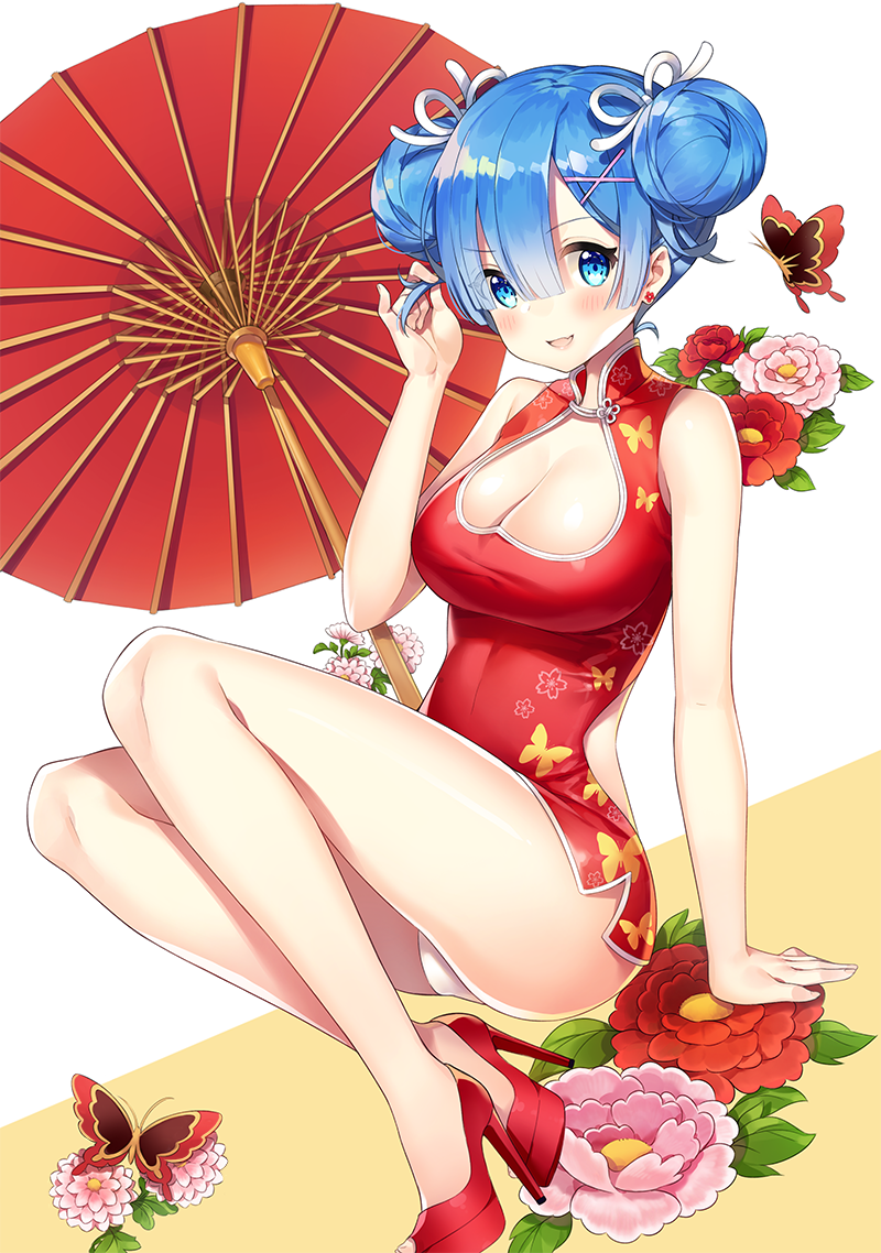 1girl :d adjusting_hair alternate_hairstyle animal_print arm_at_side ayami blue_eyes blue_hair blush breasts butterfly butterfly_print camellia china_dress chinese_clothes cleavage cleavage_cutout double_bun dress earrings flower flower_earrings full_body hair_between_eyes hand_in_hair hand_up high_heels invisible_chair jewelry large_breasts looking_at_viewer medium_breasts no_legwear open-back_dress open_mouth oriental_umbrella panties pantyshot pantyshot_(sitting) re:zero_kara_hajimeru_isekai_seikatsu red_dress red_flower red_footwear rem_(re:zero) short_dress short_hair sitting smile solo thighs two-tone_background umbrella underwear v-shaped_eyebrows white_panties