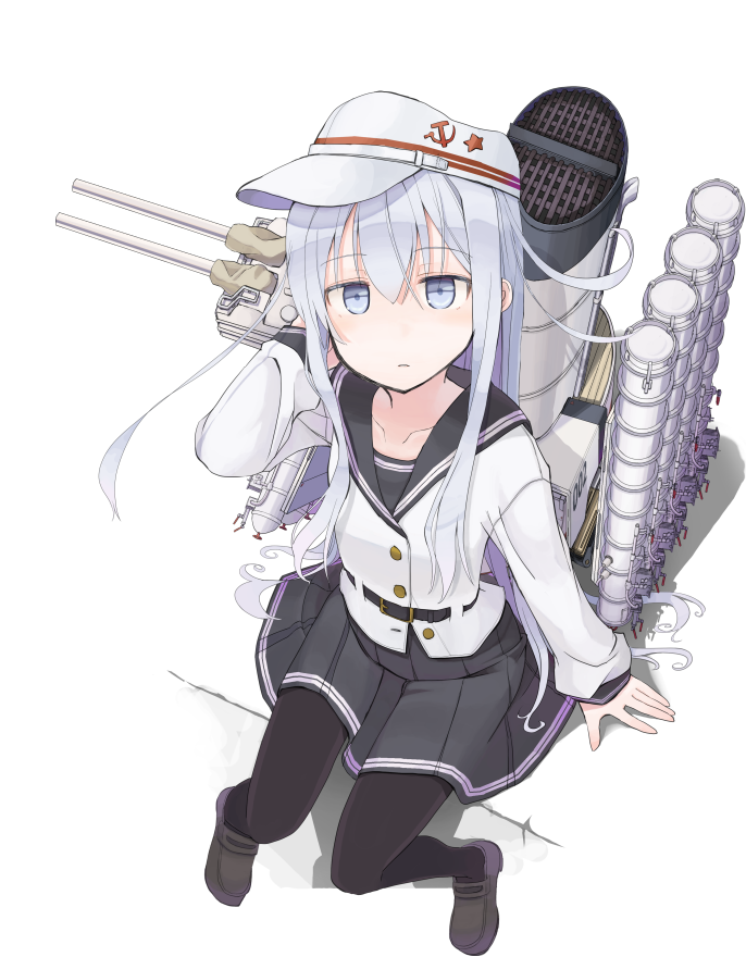 1girl arm_at_side arm_support arm_up bangs belt_buckle black_belt black_legwear black_skirt brown_footwear buckle cannon closed_mouth collarbone commentary_request eyebrows_visible_through_hair flat_cap from_above full_body grey_eyes hair_between_eyes hammer_and_sickle hat hibiki_(kantai_collection) jacket kantai_collection loafers long_hair long_sleeves looking_at_viewer looking_up machinery mochiki pantyhose pleated_skirt school_uniform serafuku shoes silver_hair sitting skirt sleeves_past_wrists smokestack solo star turret verniy_(kantai_collection) very_long_hair white_hat white_jacket