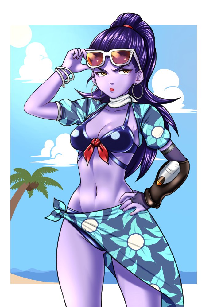 1girl adjusting_eyewear bangle beach bikini border bracelet breasts brown_eyes closed_mouth clouds coconut cowboy_shot day earrings eron floral_print gluteal_fold groin hand_on_hip high_ponytail hoop_earrings jewelry lipstick long_hair looking_away makeup medium_breasts navel outdoors outside_border overwatch palm_tree puffy_short_sleeves puffy_sleeves purple_hair purple_skin red_lipstick sarong short_sleeves sky solo standing sunglasses swimsuit tree water widowmaker_(overwatch)