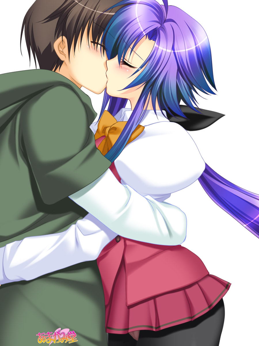 1boy 1girl amagamido black_bow black_legwear blue_hair bow brown_hair closed_eyes couple cowboy_shot hair_bow hetero highres hisano_(amagamido) hood hoodie hug kiss long_hair multicolored_hair original panties pantyhose ponytail puffy_sleeves purple_hair red_skirt school_uniform simple_background skirt underwear white_background yellow_bow