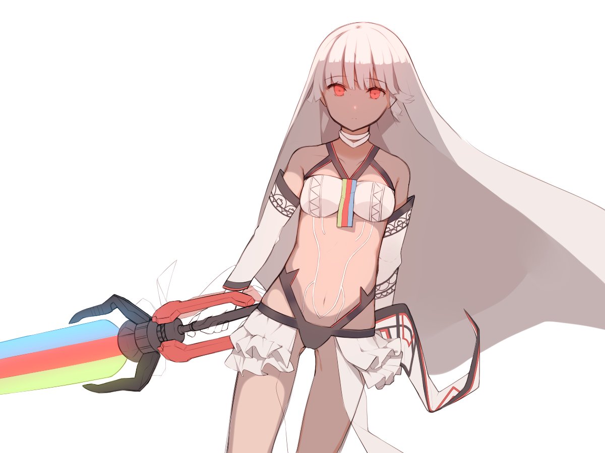 1girl altera_(fate) black_panties bra choker closed_mouth commentary_request cowboy_shot eyebrows_visible_through_hair fate/grand_order fate_(series) holding holding_sword holding_weapon hona_(pixiv7939518) looking_at_viewer navel open_clothes open_skirt panties pleated_skirt red_eyes short_hair silver_hair skirt solo sword underwear unfinished veil weapon white_bra white_choker white_skirt